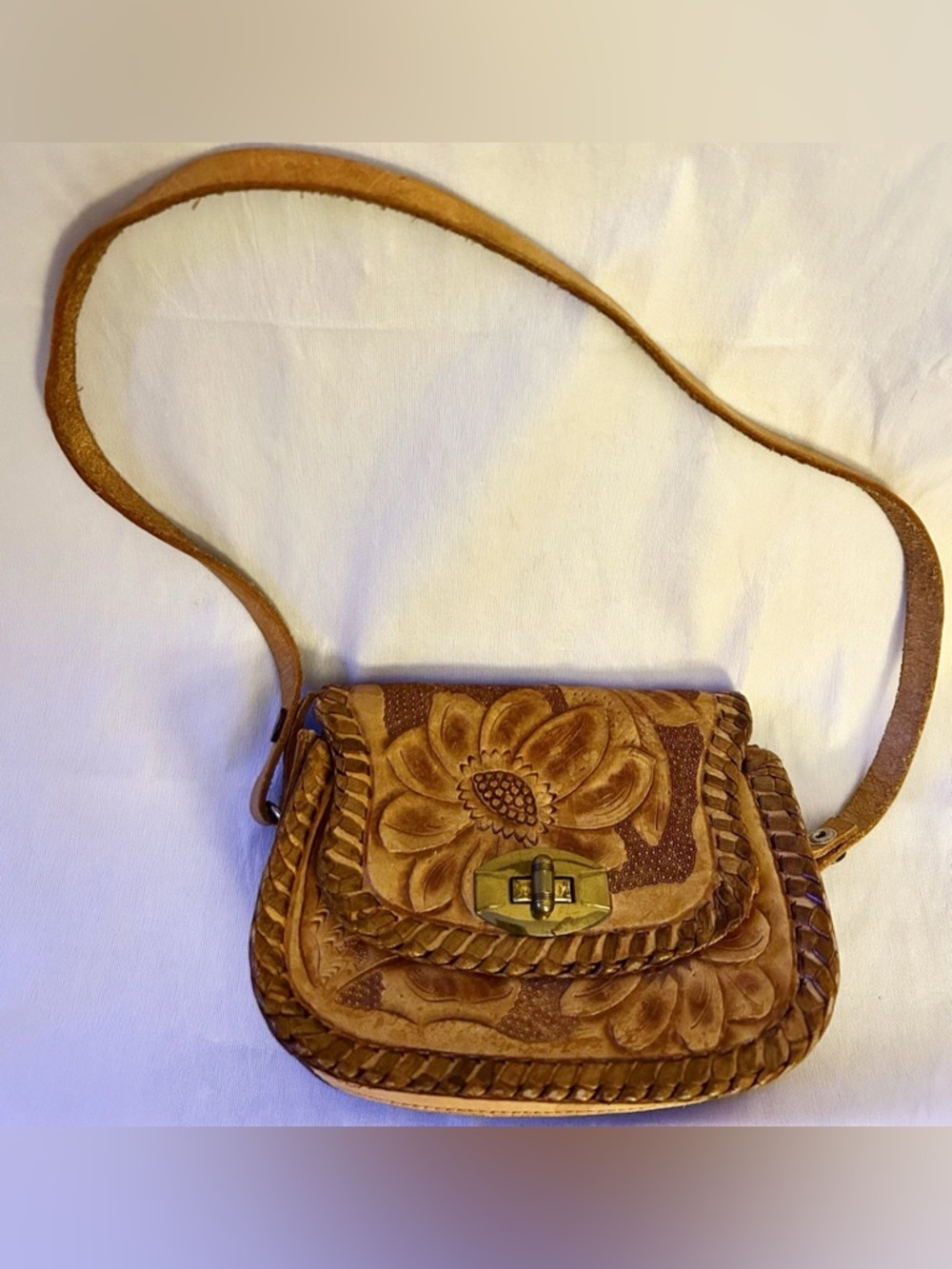 Vintage 60s 70s Tooled Leather Child Size Purse Boho Hippie Kids Shoulder Bag